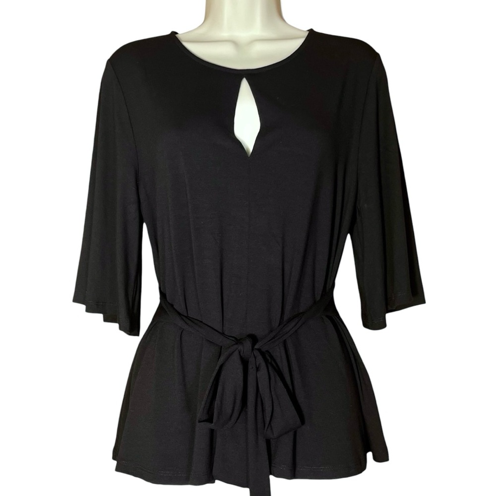 Peruvian Connection Black Keyhole Top Tie Waist Flutter Sleeve Stretch Blouse M - Picture 2 of 14